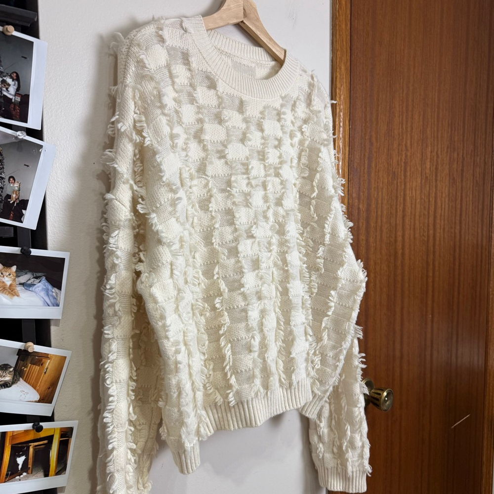 Beige Sweater Women Size Medium Oversized Wool Pullover Longsleeves Fringe Boho - Picture 10 of 16